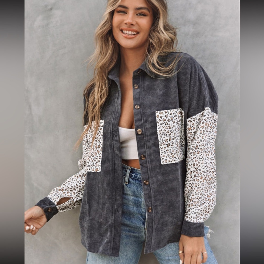 Leopard Accent Corduroy Button-Down Shirt in Charcoal